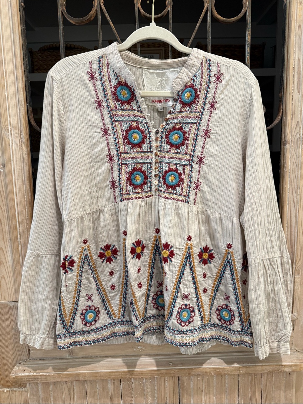 Johnny Was Cream Embroidered Boho Tunic with Turquoise & Red Accents